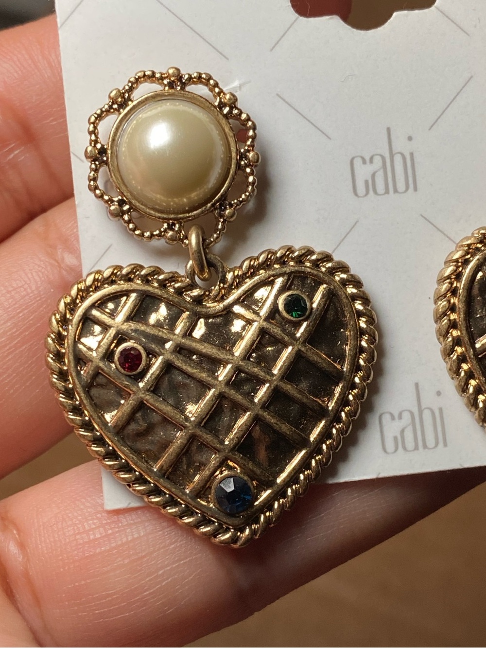 CAbi Pearl & Jeweled Heart Drop Earrings
